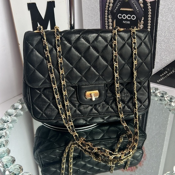 CROUCH & FITZGERALD vintage quilted Lambskin leather black gold chain crossbody - Picture 8 of 11